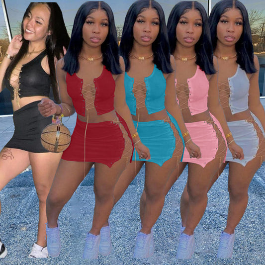 Women Fashion Casual Solid Color Hollow Mental Chain Strap Crop Top And Skirt Two Pieces Set