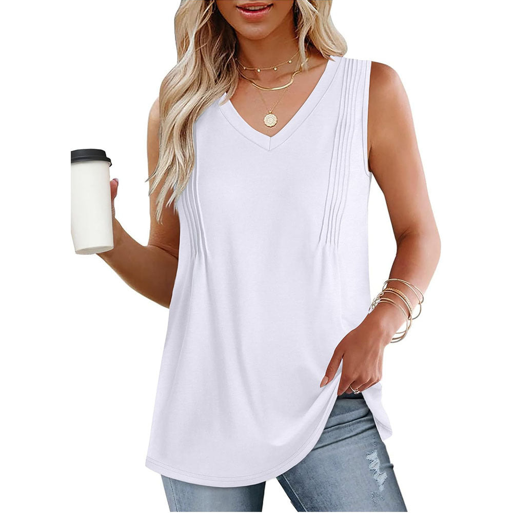Women Casual Loose Solid Color Pleated V-Neck Tank Top