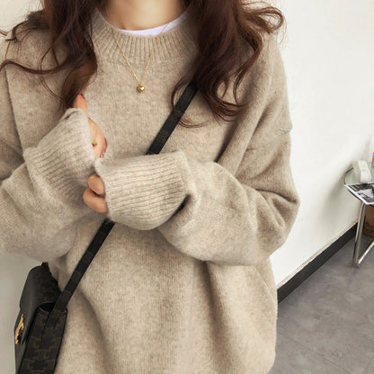 Women Fashion Casual Loose Solid Color Round Neck Long Sleeve Knitwear