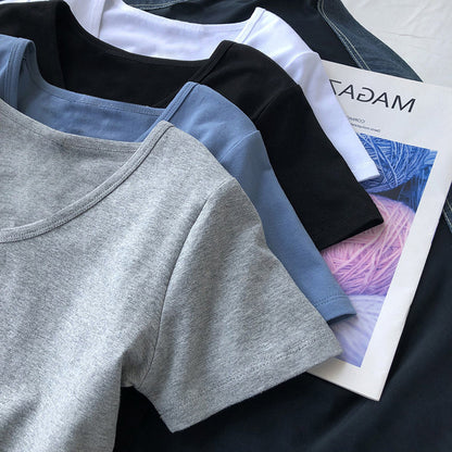 Camiseta básica informal de manga corta con cuello en V y color liso para mujer