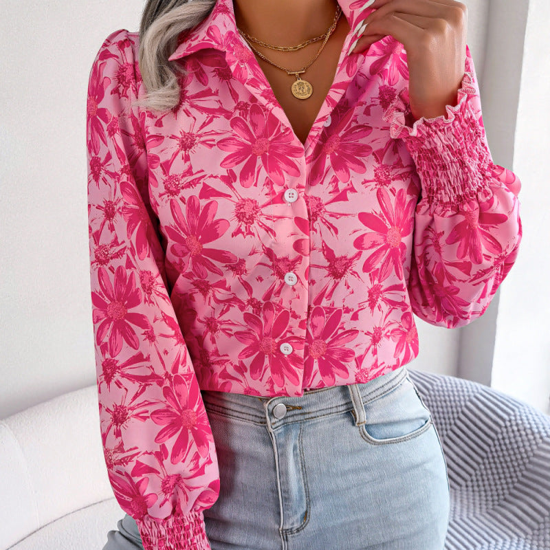 Blusa informal con solapa y estampado floral en bloques de color para mujer