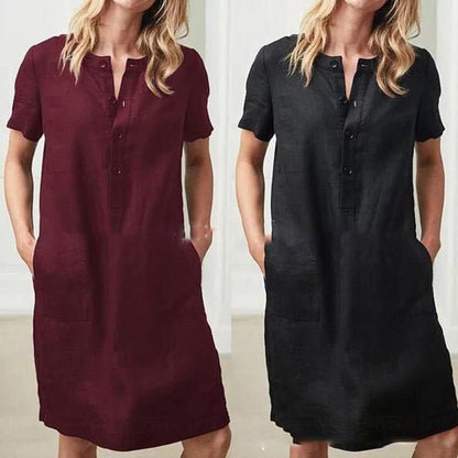 Cotton Linen Loose Short-Sleeved Mid-Length Women Solid Color Casual Dress