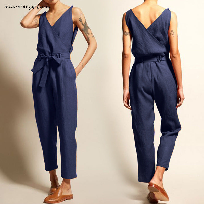 Women Solid Color V-Neck Tank Top Sash Waist Casual Loose Jumpsuits