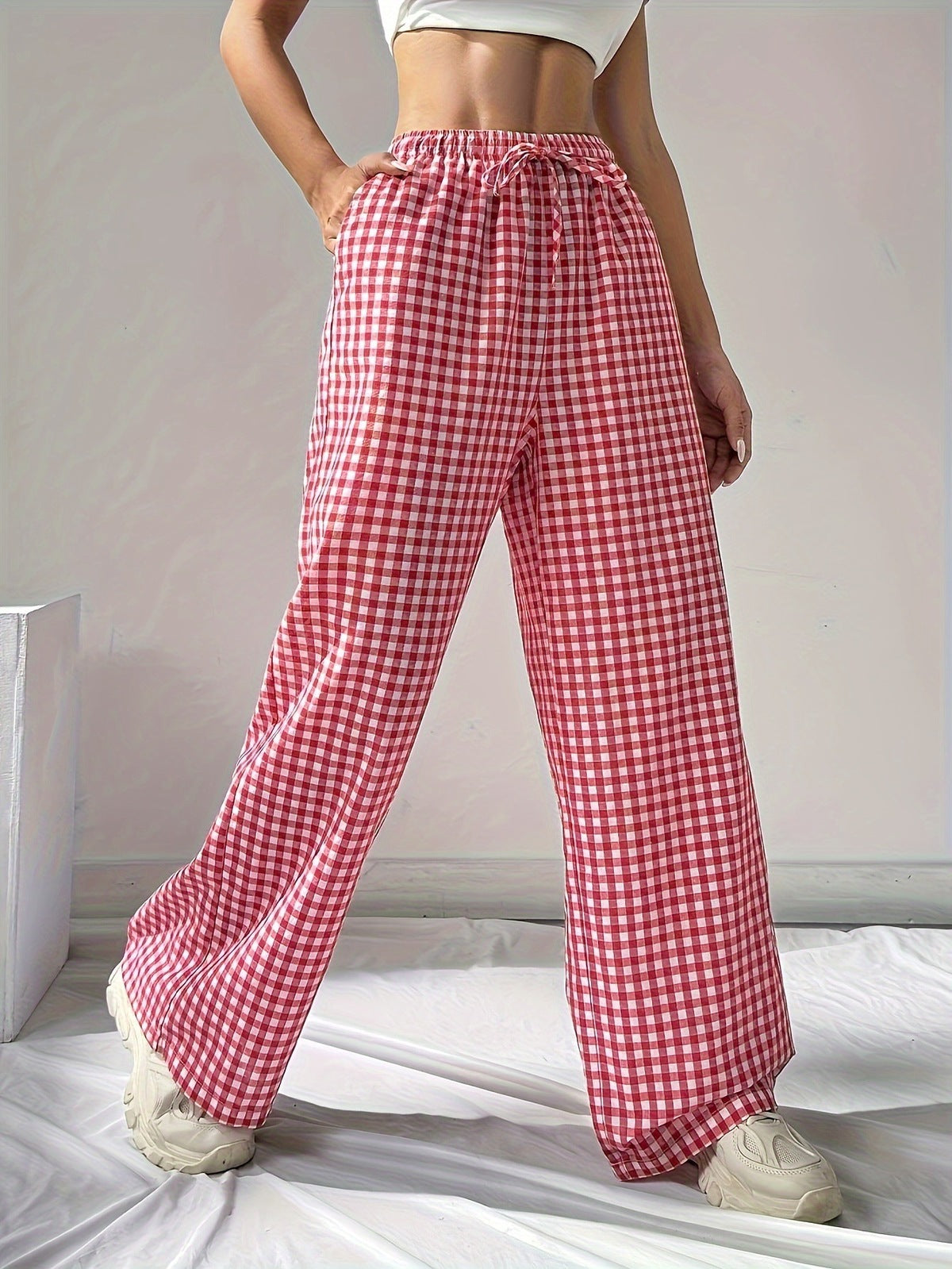 Women Casual Loose Pink Plaid Lace-Up Pants