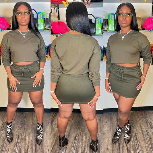 Women Fashion Casual Solid Long Sleeve Sweatshirt Skirt Two-Piece Set