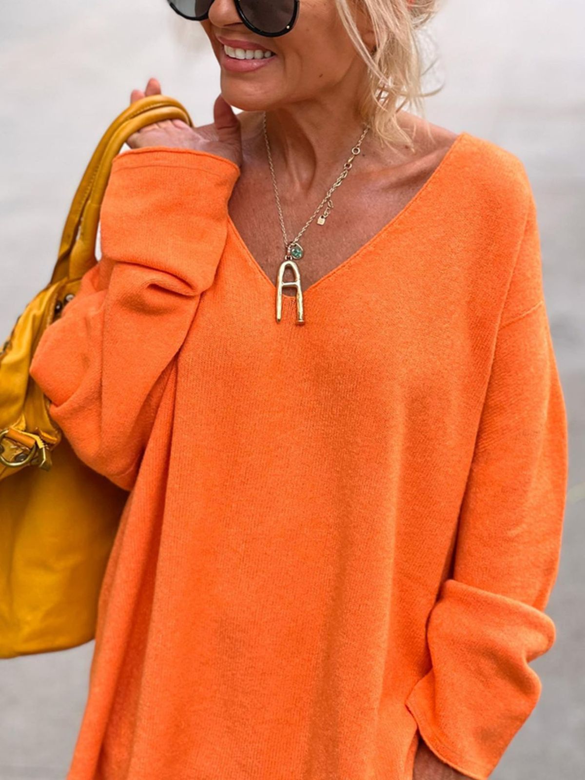 Women Casual Solid Color V-Neck Long Sleeve Knitted Sweater