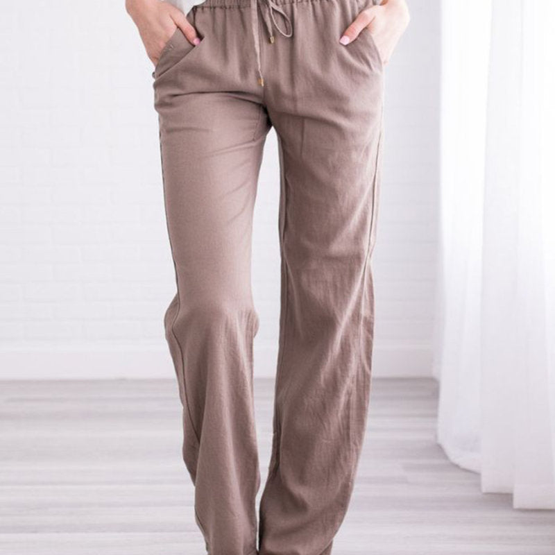 Women Casual Solid Color Cotton Linen Loose Drawstring Pants