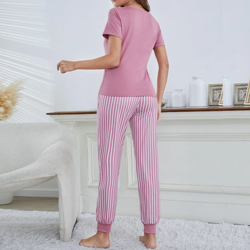 Casual Women Loungewear Letter Short Sleeve Top Stripe Pants Pajamas Sleepwear