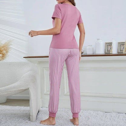 Casual Women Loungewear Letter Short Sleeve Top Stripe Pants Pajamas Sleepwear