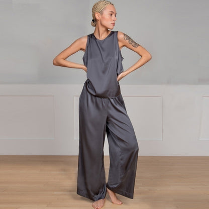 Conjunto de top y pantalón sin mangas cruzados en color liso informal a la moda para mujer