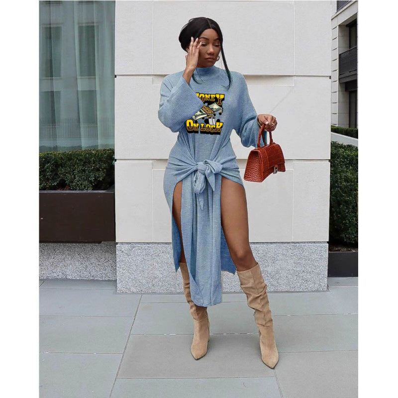 Women Casual Style Letter Cash Printing Pullover Rib-Knit Mid-Waist Bandage Dress