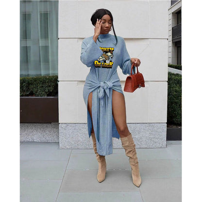 Women Casual Style Letter Cash Printing Pullover Rib-Knit Mid-Waist Bandage Dress
