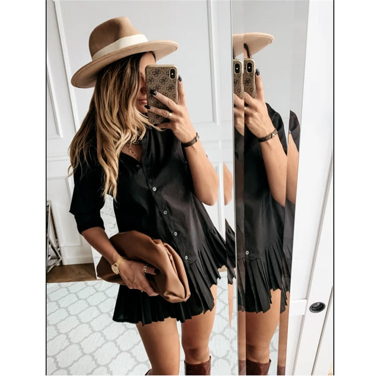 Women Casual Solid Color Pleated Hemline Long Sleeve Buttoned Shirt Dress