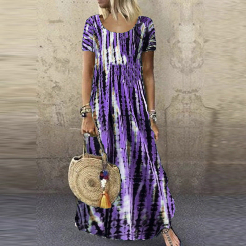 Vestido largo holgado informal de manga corta con cuello redondo y estampado tie-dye para mujer
