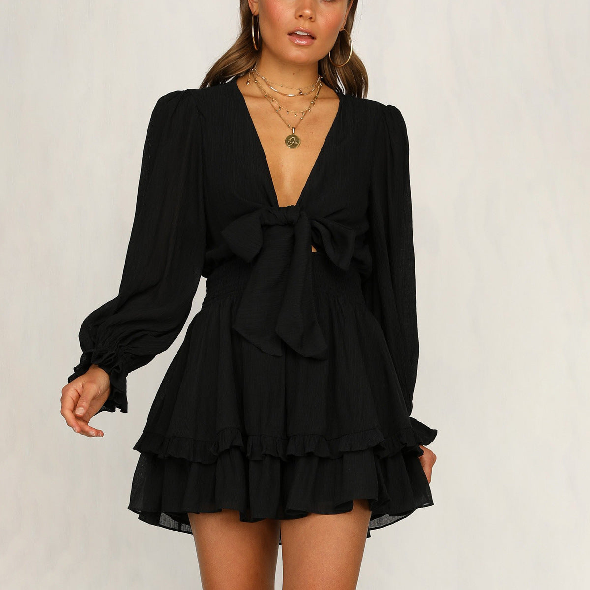 Women Casual Solid Color V-Neck Puff Long Sleeve Lace-Up Ruffled Dress