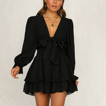 Women Casual Solid Color V-Neck Puff Long Sleeve Lace-Up Ruffled Dress