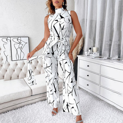 Women Fashion Casual Irregular Printing Sleeveless Jumpsuit