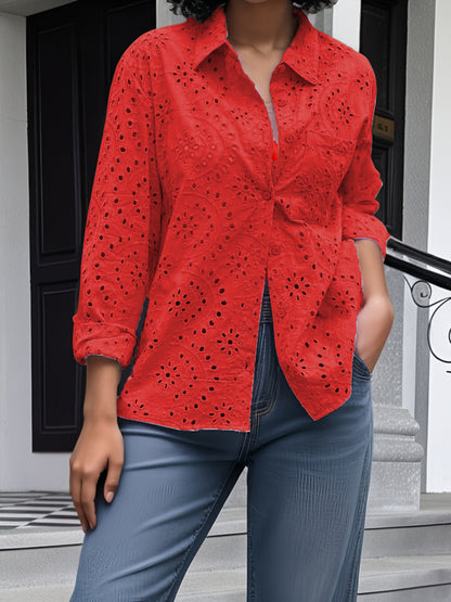 Blusa informal de moda para mujer, color liso, con bordado y solapa hueca, talla grande