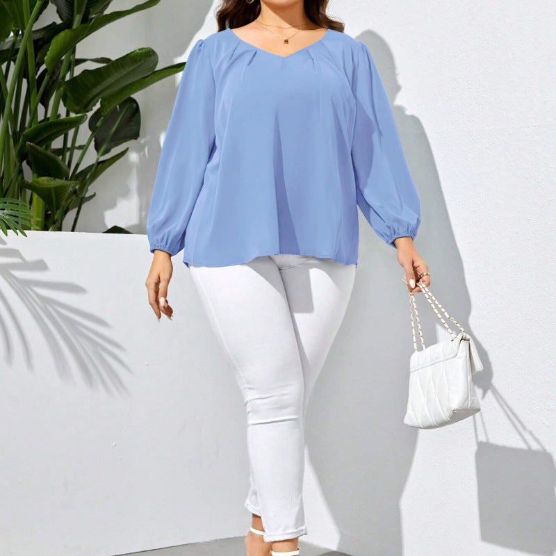 Women Fashion Solid Color Plus Size V-Neck Loose Casual Top