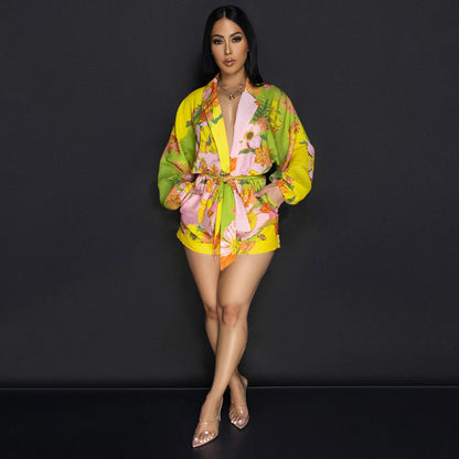 Women Fashion Casual Linen Floral Printed Lapel Pocket Long-Sleeve Lace-Up Rompers