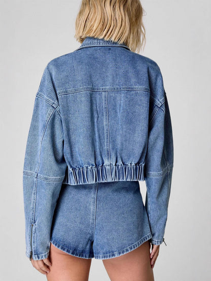 Conjunto de dos piezas informal de mezclilla con solapa, manga larga, cremallera y cintura alta para mujer
