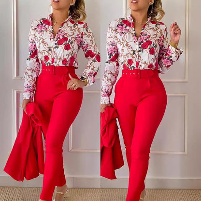 Blusa informal de manga larga con solapa y estampado floral para mujer, pantalones ajustados de dos piezas