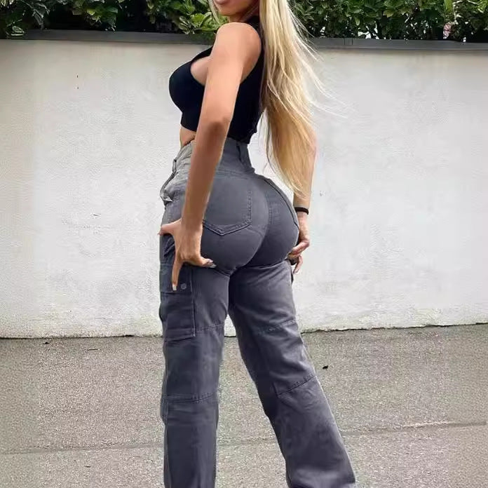 Women Fashion Casual Solid Color High Stretch Multi-Pocket Tight Pants