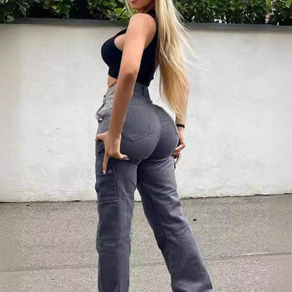 Women Fashion Casual Solid Color High Stretch Multi-Pocket Tight Pants