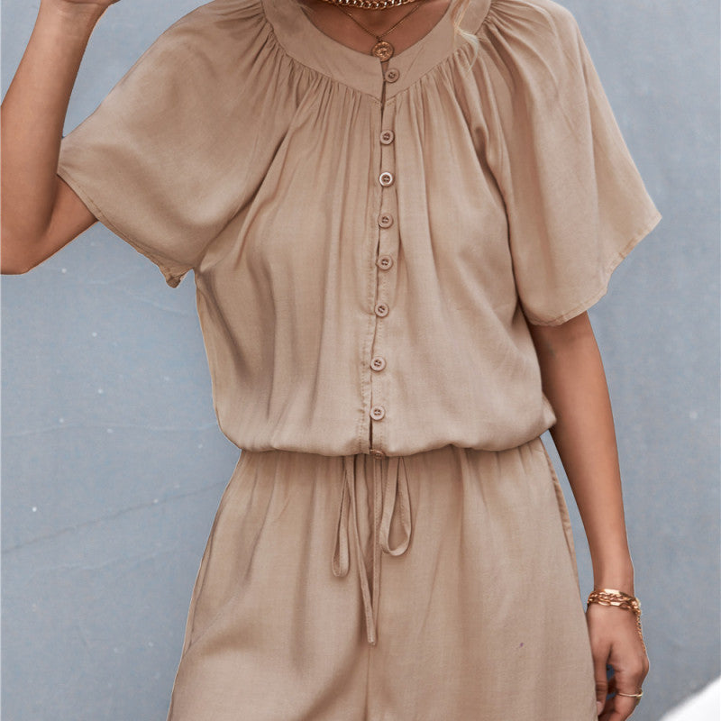 Women Solid Color Pleated Tie Button Casual Rompers