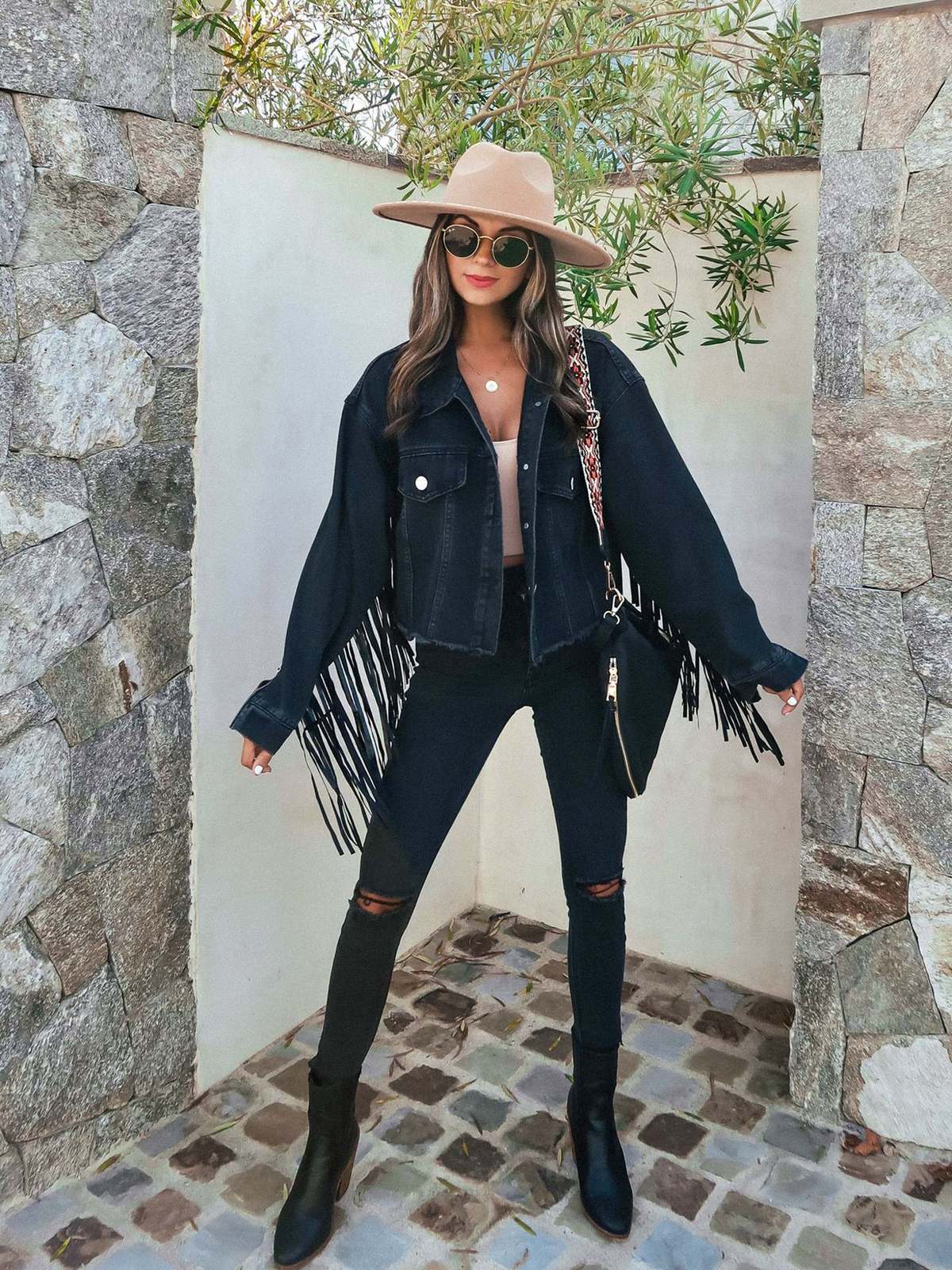 Chaqueta vaquera informal holgada con borlas cruzadas para mujer