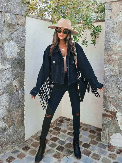 Chaqueta vaquera informal holgada con borlas cruzadas para mujer