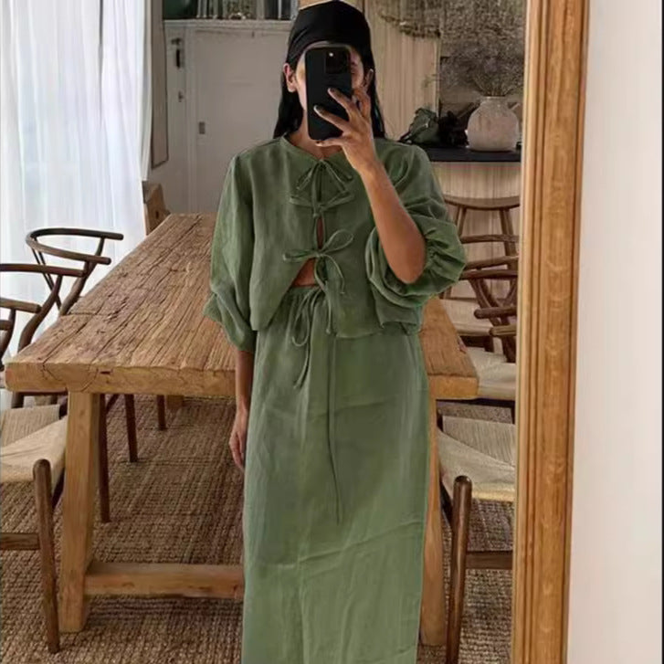 Conjunto de dos piezas formado por top y falda de manga larga, cuello redondo, encaje y aberturas para mujer, moda de verano