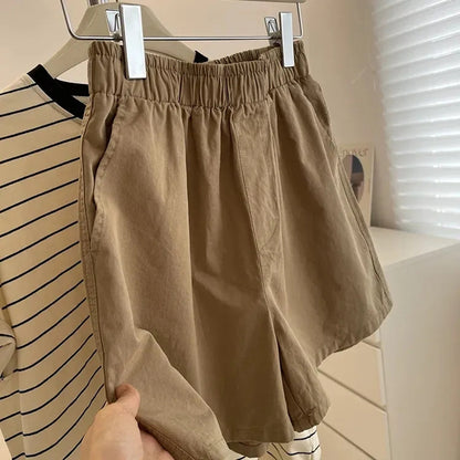 Pantalones cortos de pierna ancha, holgados, informales, de algodón puro, de color liso, para mujer