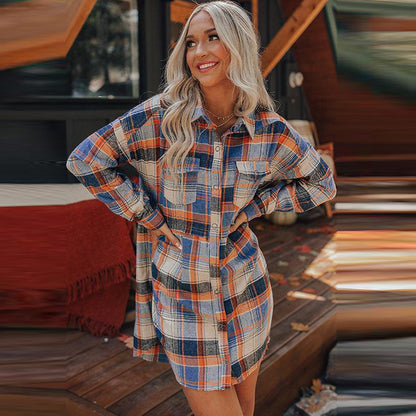 Blusa informal vintage de manga larga con solapa a cuadros para mujer, otoño e invierno