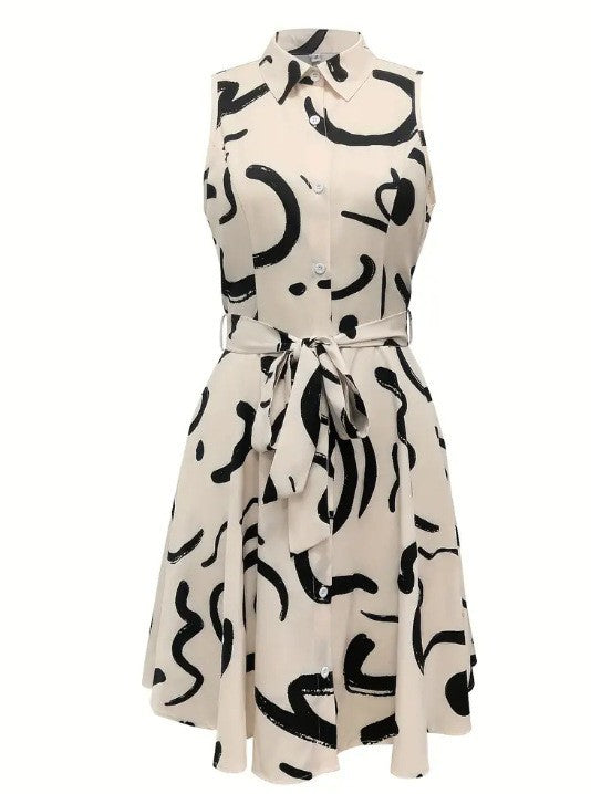 Women Fashion Casual Printed Lapel Sleeveless Lace-Up Dress