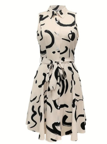 Women Fashion Casual Printed Lapel Sleeveless Lace-Up Dress