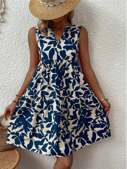 Vestido bohemio informal de vacaciones para mujer, holgado, con escote en V, plisado, estampado floral, sin mangas
