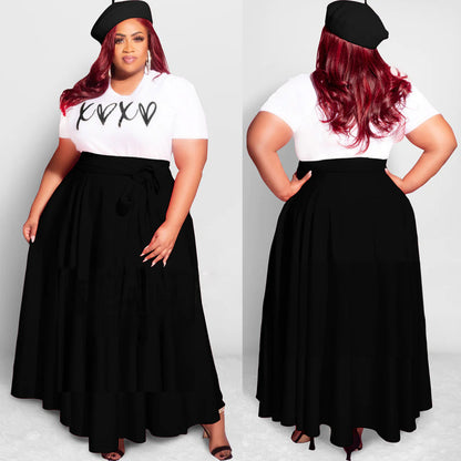 Women Casual Plus Size Letter Print High Waist Pleated Dress