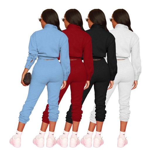 Conjunto informal de dos piezas para mujer, de color liso, manga larga, cuello alto, botones y pantalones elásticos