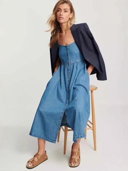 Vestido camisola vaquera informal de moda para mujer, holgado, sin espalda, con una sola botonadura