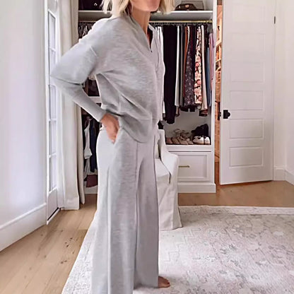 Conjunto de dos piezas de top y pantalones anchos de manga larga con escote en V para mujer