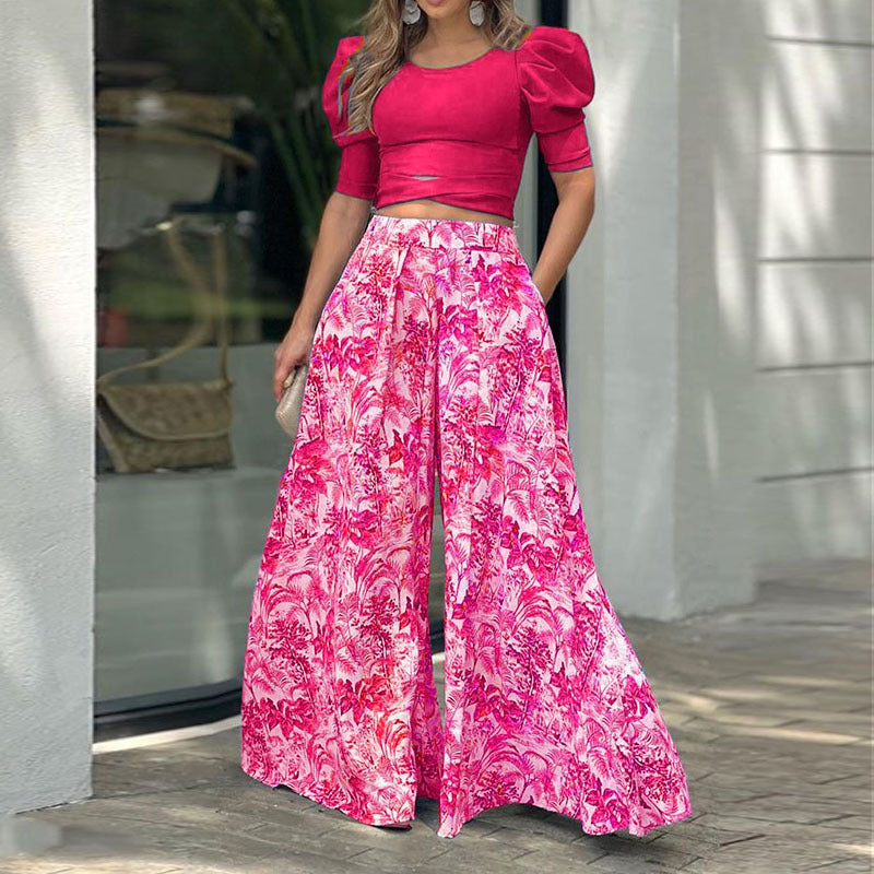 Conjunto de top informal con mangas abullonadas y pantalones anchos para mujer
