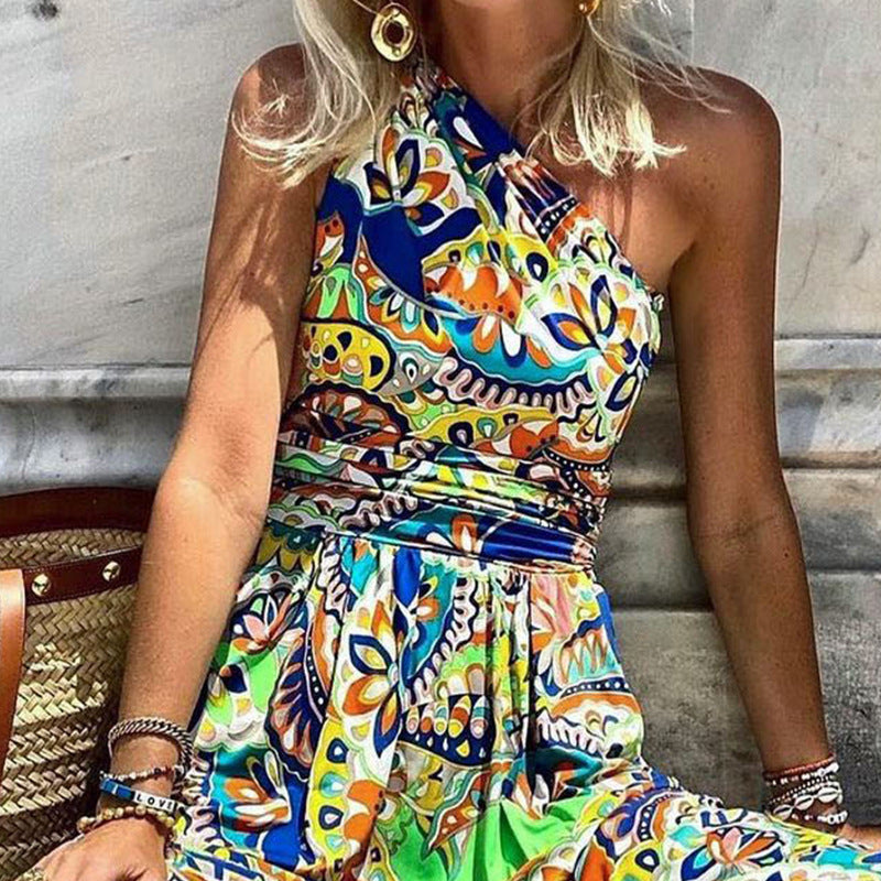 Women'S Fashion Vintage Boho One-Shoulder Sleeveless Loose Casual Floral Printed Maxi Dress