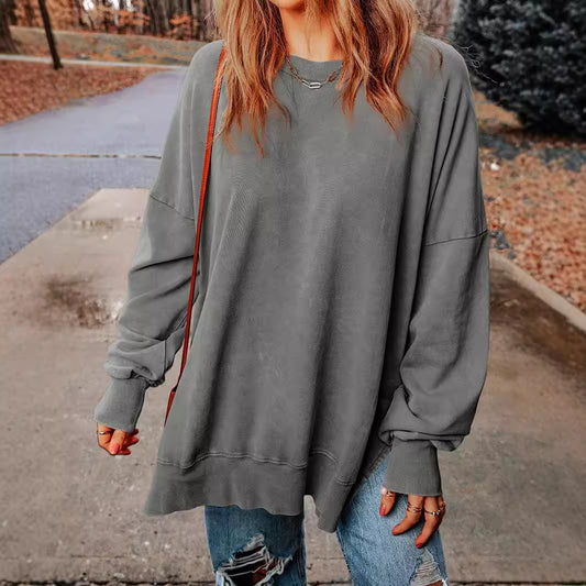 Sudadera informal de manga larga con cuello redondo y color liso para mujer, moda de otoño