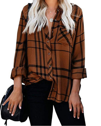 Camisa informal de manga larga con estampado a cuadros y solapa para mujer