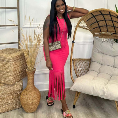 Women Casual Fashion Solid Color Sleeveless Tassel Tight Dress