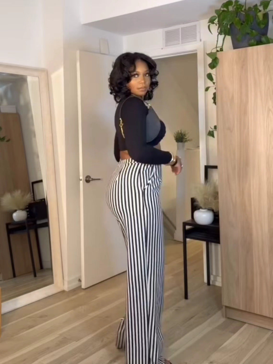 Women Casual Stripe Printed High Waist Straight Leg Pants