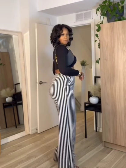 Women Casual Stripe Printed High Waist Straight Leg Pants
