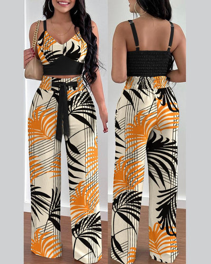Conjunto de dos piezas para mujer, con top corto, pantalones holgados con cordones y estampado floral informal