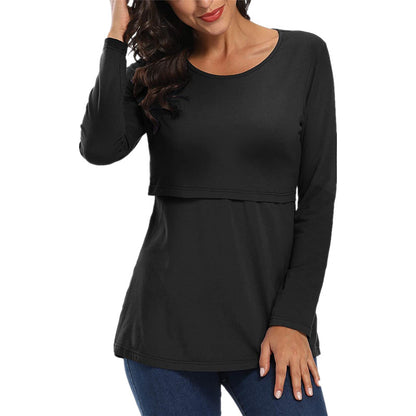 Pregnant Women Casual Solid Color Crewneck Long Sleeve Breastfeeding Top